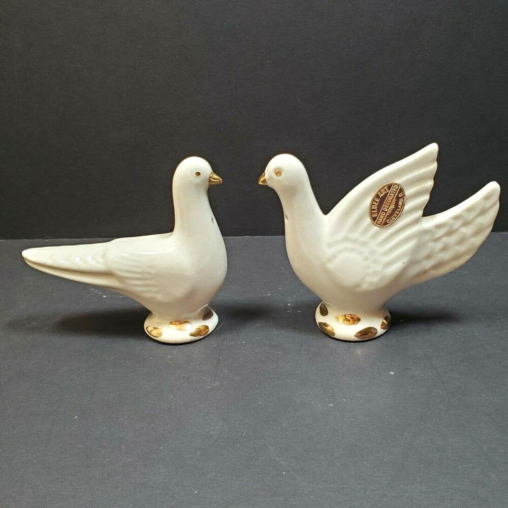 Elbee Art Cleveland Dove Salt & Pepper Shakers w/ Foil Label Hand Decorated